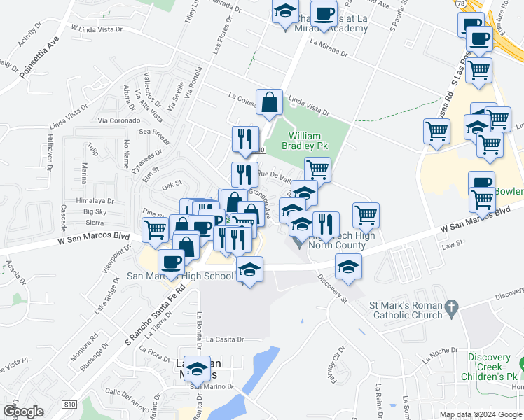 map of restaurants, bars, coffee shops, grocery stores, and more near 1603 Grandon Avenue in San Marcos