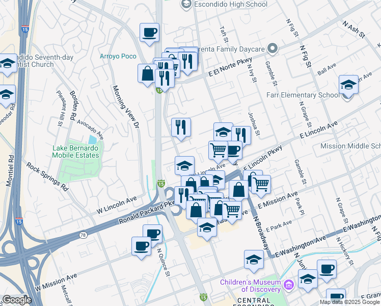 map of restaurants, bars, coffee shops, grocery stores, and more near 240 West Lincoln Avenue in Escondido