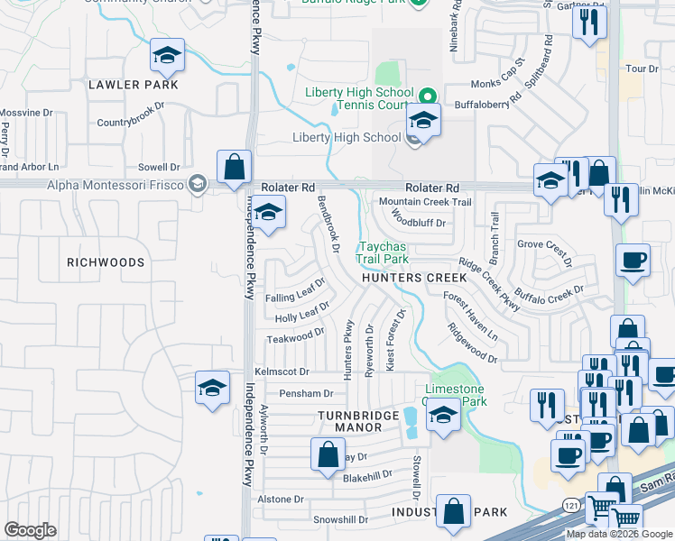 map of restaurants, bars, coffee shops, grocery stores, and more near 6924 Calm Meadow Drive in Frisco
