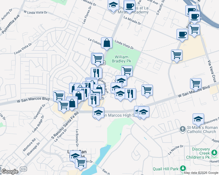 map of restaurants, bars, coffee shops, grocery stores, and more near 1554 Grandon Avenue in San Marcos