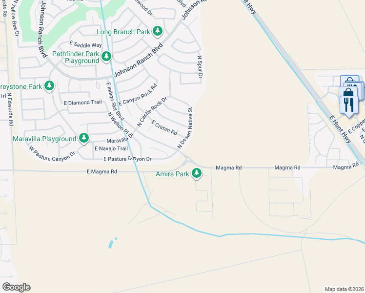map of restaurants, bars, coffee shops, grocery stores, and more near 1075 East Crimm Road in Queen Creek