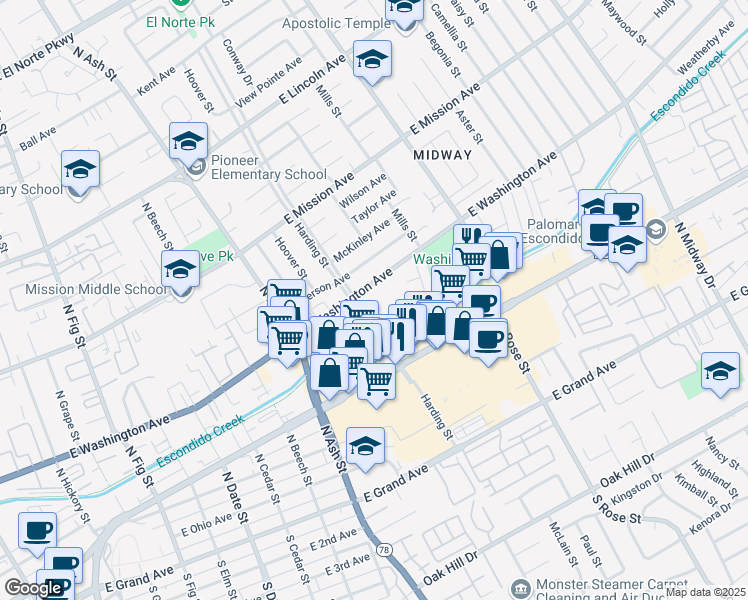 map of restaurants, bars, coffee shops, grocery stores, and more near 1351 East Washington Avenue in Escondido