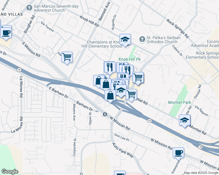map of restaurants, bars, coffee shops, grocery stores, and more near 720 Center Drive in San Marcos