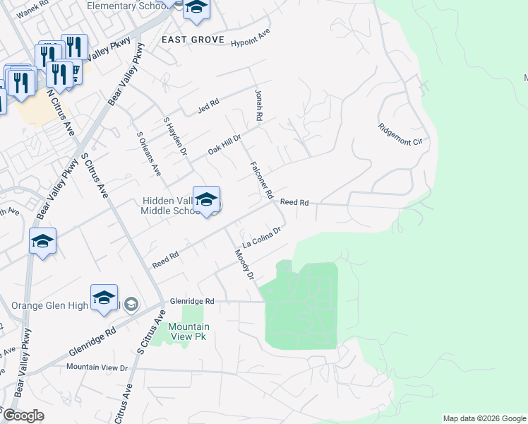 map of restaurants, bars, coffee shops, grocery stores, and more near 2700 Reed Road in Escondido
