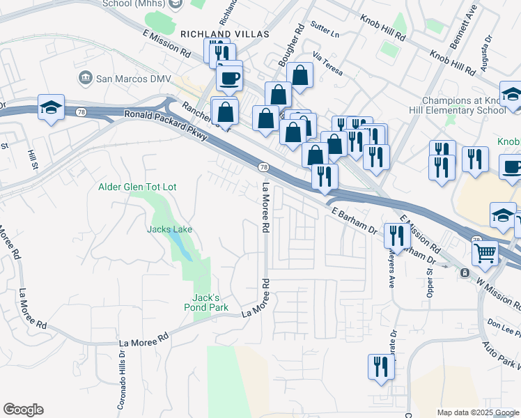 map of restaurants, bars, coffee shops, grocery stores, and more near 900 Mira Lago Way in San Marcos