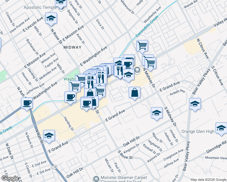 map of restaurants, bars, coffee shops, grocery stores, and more near 13 Angelus Avenue in Escondido