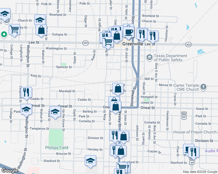 map of restaurants, bars, coffee shops, grocery stores, and more near 2908 Morse Street in Greenville