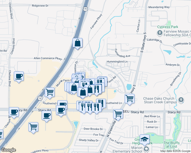 map of restaurants, bars, coffee shops, grocery stores, and more near 325 Murray Farm Drive in McKinney