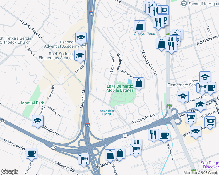 map of restaurants, bars, coffee shops, grocery stores, and more near 1250 Pleasant Hill Street in Escondido