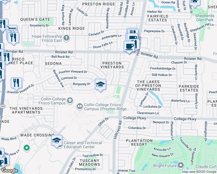 map of restaurants, bars, coffee shops, grocery stores, and more near 10701 Preston Vineyard Drive in Frisco