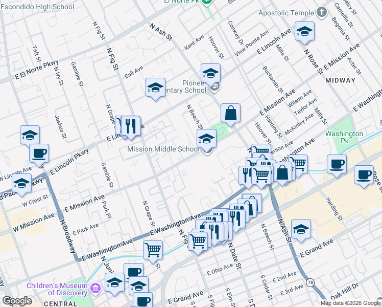 map of restaurants, bars, coffee shops, grocery stores, and more near 852 East Mission Avenue in Escondido