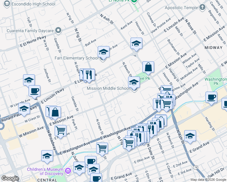 map of restaurants, bars, coffee shops, grocery stores, and more near 908 North Fig Street in Escondido