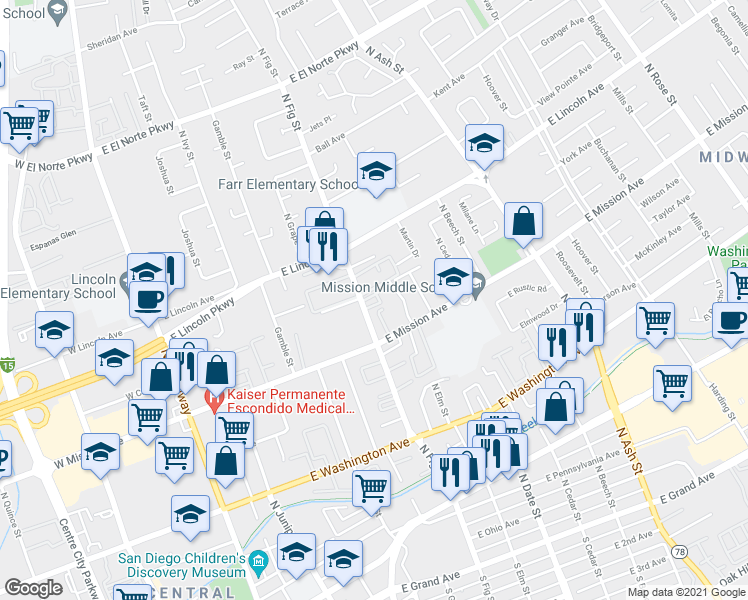 map of restaurants, bars, coffee shops, grocery stores, and more near 902 North Fig Street in Escondido