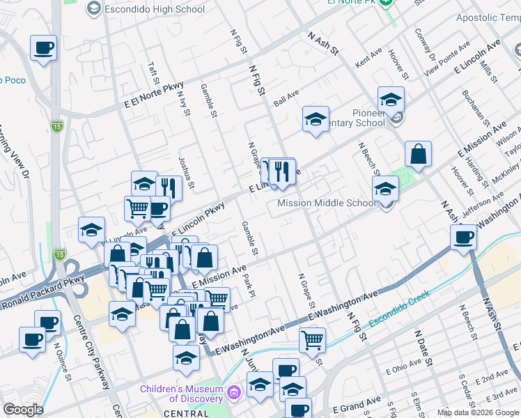 map of restaurants, bars, coffee shops, grocery stores, and more near 533 East Lincoln Avenue in Escondido