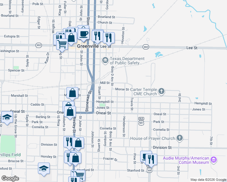 map of restaurants, bars, coffee shops, grocery stores, and more near 3119 Bois D Arc Street in Greenville