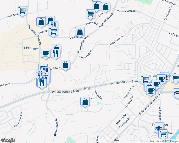 map of restaurants, bars, coffee shops, grocery stores, and more near 2010 West San Marcos Boulevard in San Marcos
