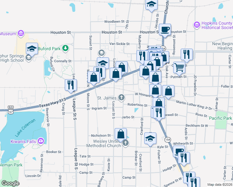 map of restaurants, bars, coffee shops, grocery stores, and more near 227 Texas Street in Sulphur Springs