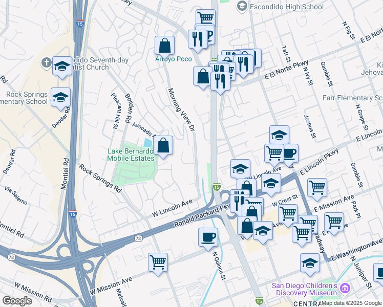 map of restaurants, bars, coffee shops, grocery stores, and more near 1151 Morning View Drive in Escondido