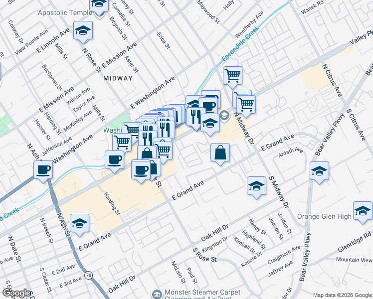map of restaurants, bars, coffee shops, grocery stores, and more near 13 Angelus Avenue in Escondido