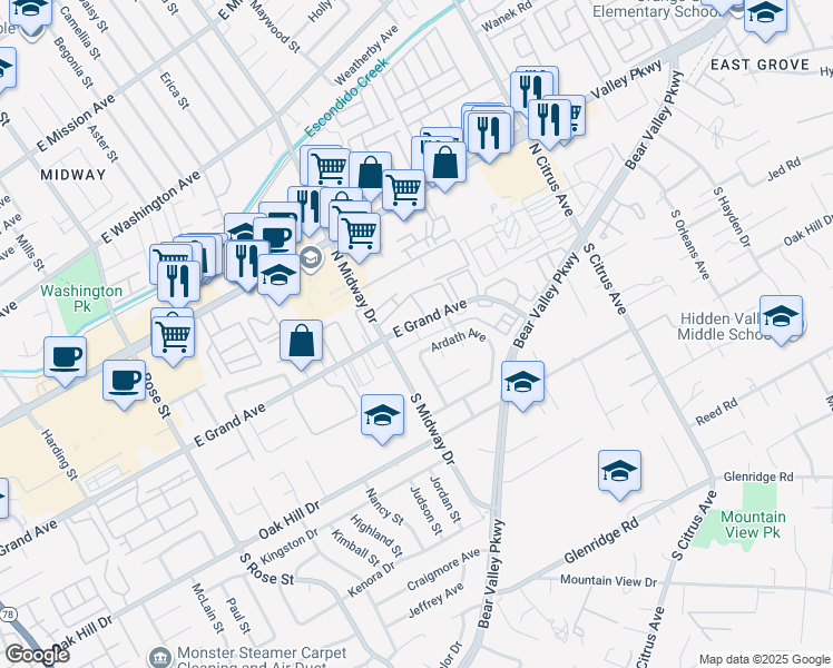 map of restaurants, bars, coffee shops, grocery stores, and more near 2041 East Grand Avenue in Escondido