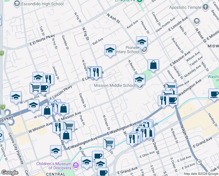 map of restaurants, bars, coffee shops, grocery stores, and more near 902 North Fig Street in Escondido
