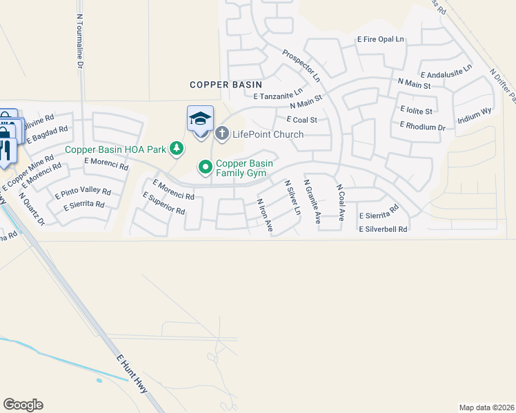 map of restaurants, bars, coffee shops, grocery stores, and more near 3999 East Morenci Road in San Tan Valley