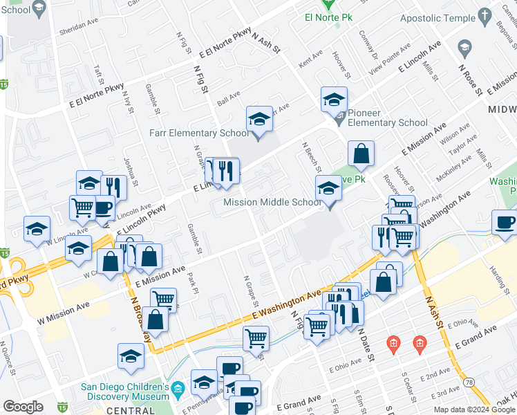 map of restaurants, bars, coffee shops, grocery stores, and more near 852 North Fig Street in Escondido