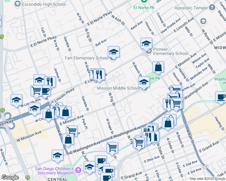 map of restaurants, bars, coffee shops, grocery stores, and more near 852 North Fig Street in Escondido
