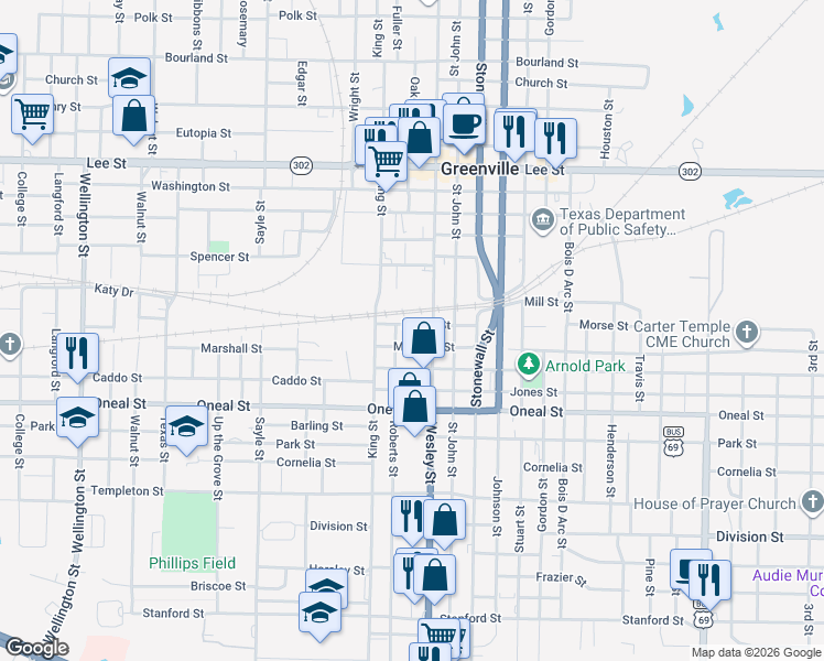 map of restaurants, bars, coffee shops, grocery stores, and more near 3104 Wesley Street in Greenville