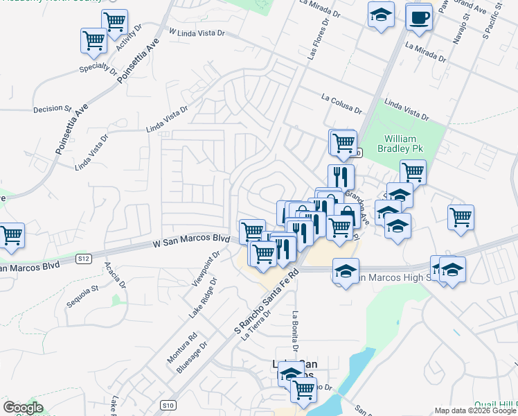 map of restaurants, bars, coffee shops, grocery stores, and more near Fir St in San Marcos