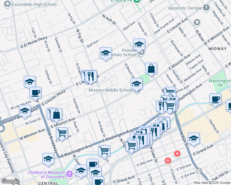 map of restaurants, bars, coffee shops, grocery stores, and more near 740 East Mission Avenue in Escondido