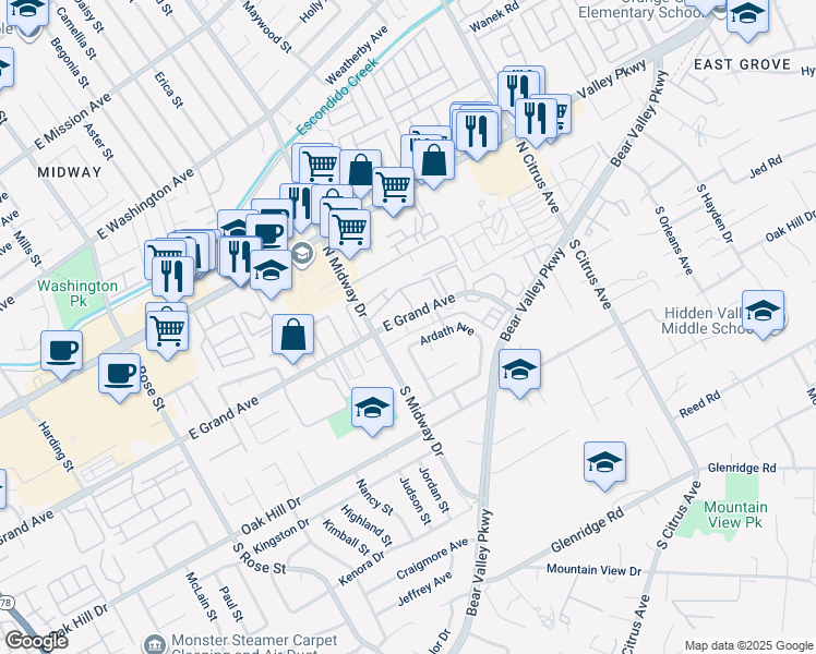 map of restaurants, bars, coffee shops, grocery stores, and more near 2041 East Grand Avenue in Escondido