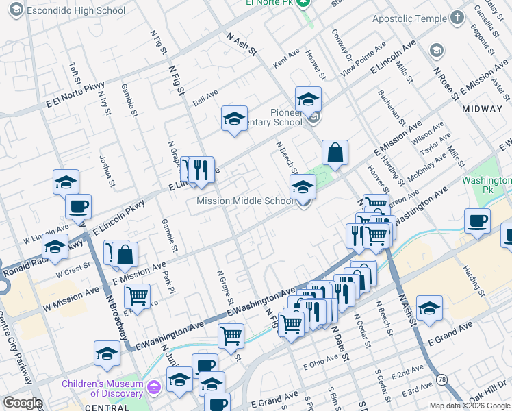 map of restaurants, bars, coffee shops, grocery stores, and more near 740 East Mission Avenue in Escondido