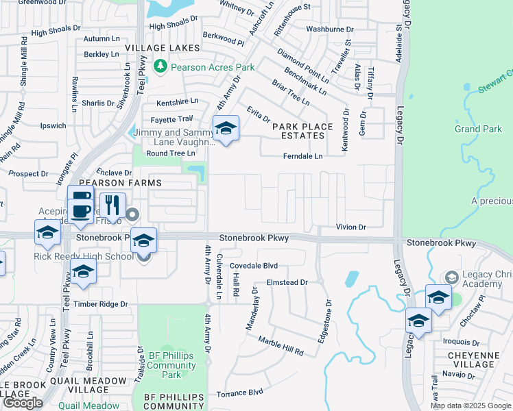 map of restaurants, bars, coffee shops, grocery stores, and more near 6717 Entwistle Road in Frisco