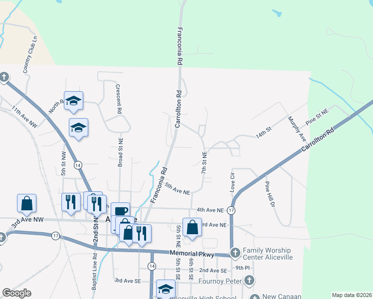 map of restaurants, bars, coffee shops, grocery stores, and more near 550 8th Avenue Northeast in Aliceville
