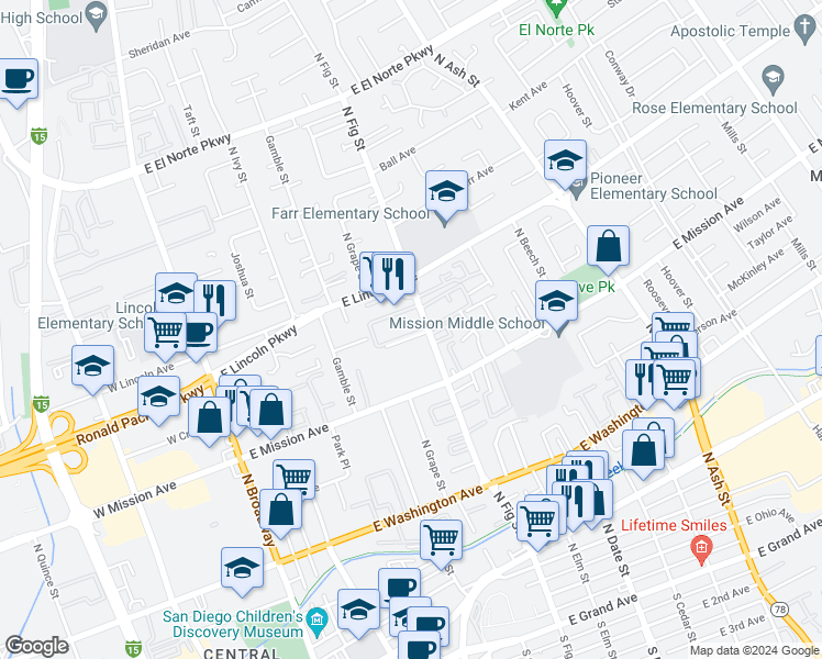 map of restaurants, bars, coffee shops, grocery stores, and more near 902 North Fig Street in Escondido