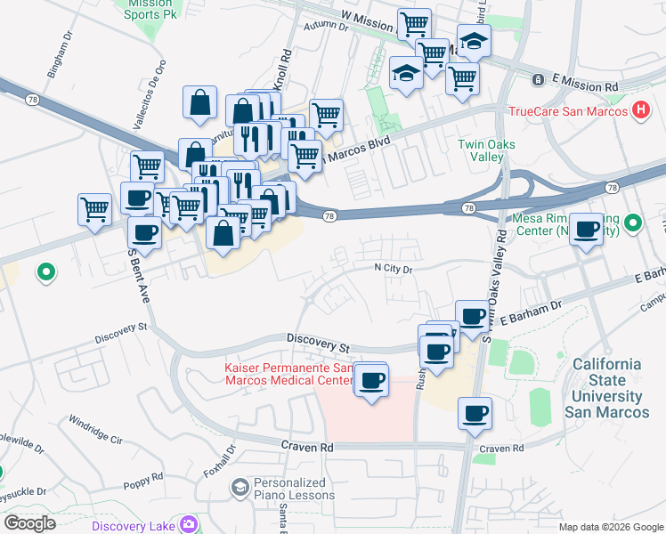 map of restaurants, bars, coffee shops, grocery stores, and more near 404 Discovery Street in San Marcos