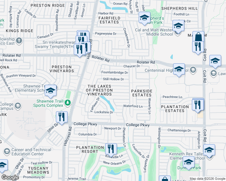 map of restaurants, bars, coffee shops, grocery stores, and more near 11281 Clover Knoll Drive in Frisco