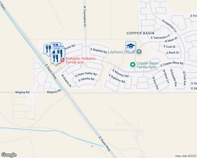map of restaurants, bars, coffee shops, grocery stores, and more near 3155 East Pinto Valley Road in San Tan Valley