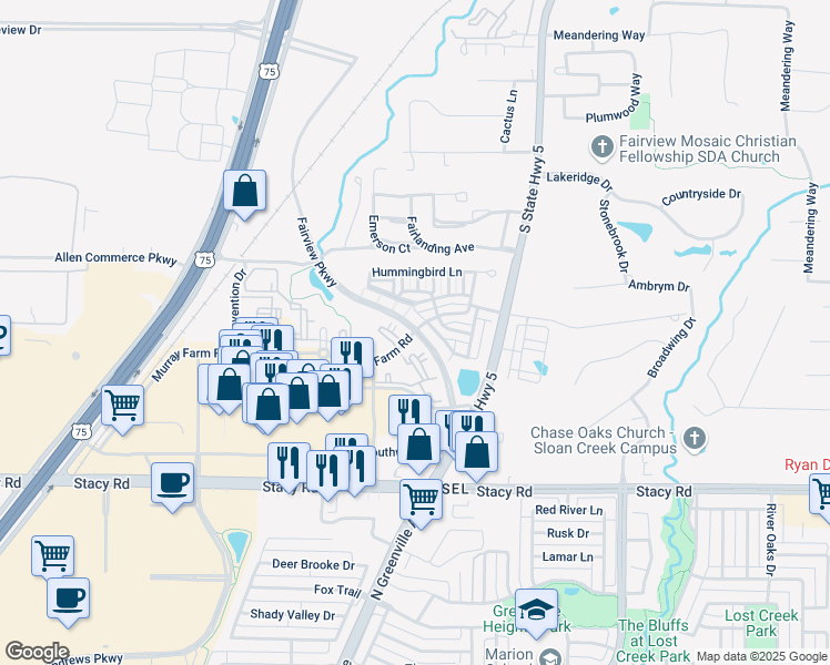 map of restaurants, bars, coffee shops, grocery stores, and more near 446 Murray Farm Road in McKinney