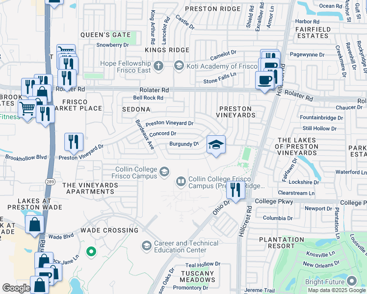 map of restaurants, bars, coffee shops, grocery stores, and more near 10120 Burgundy Drive in Frisco