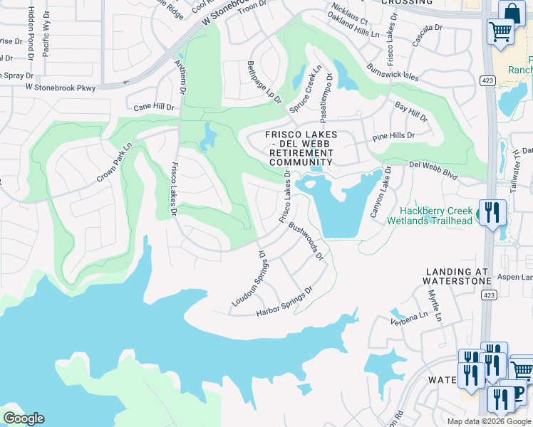map of restaurants, bars, coffee shops, grocery stores, and more near 6655 Dewees Lane in Frisco