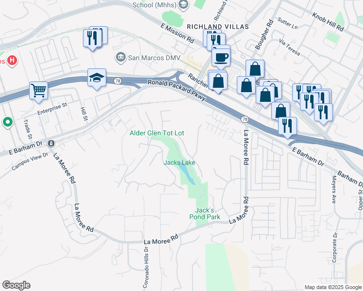 map of restaurants, bars, coffee shops, grocery stores, and more near 638 Edgewater Drive in San Marcos