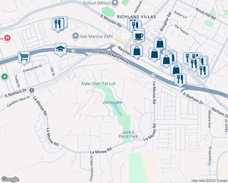 map of restaurants, bars, coffee shops, grocery stores, and more near 638 Edgewater Drive in San Marcos