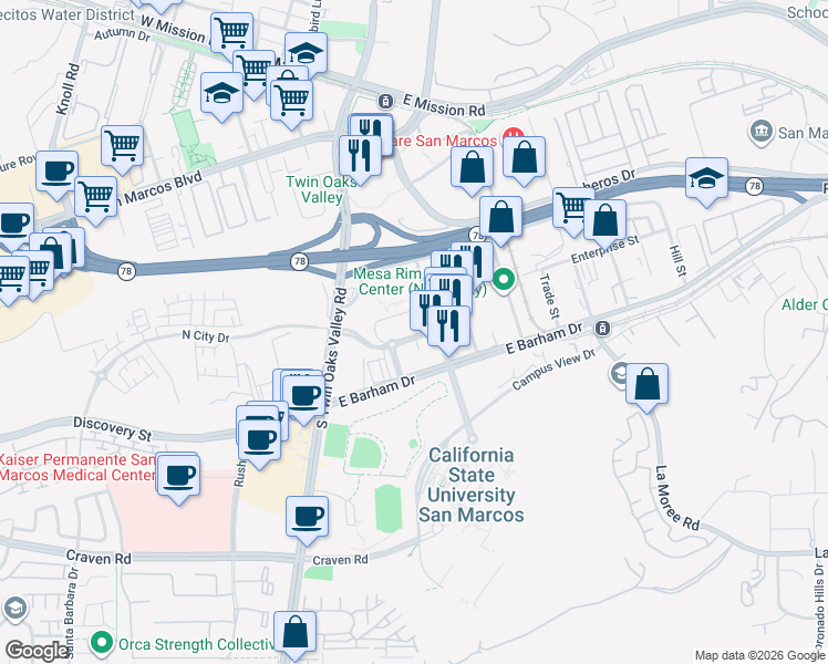 map of restaurants, bars, coffee shops, grocery stores, and more near in San Marcos