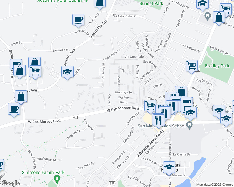 map of restaurants, bars, coffee shops, grocery stores, and more near Himalaya Dr in San Marcos