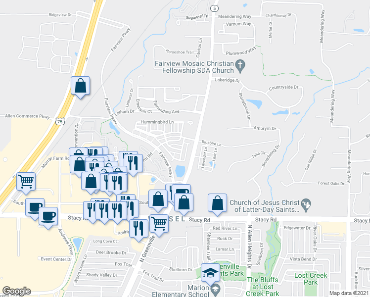 map of restaurants, bars, coffee shops, grocery stores, and more near 5790 Antique Rose Trail in Fairview