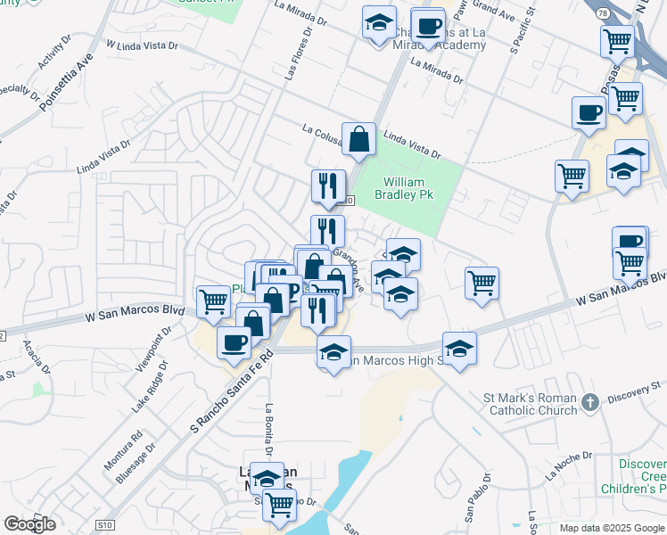 map of restaurants, bars, coffee shops, grocery stores, and more near 1615 Grandon Avenue in San Marcos