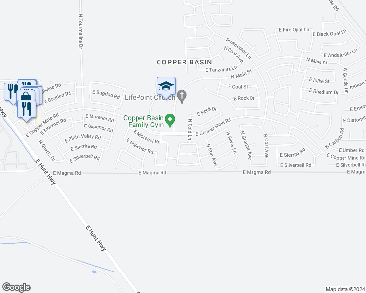 map of restaurants, bars, coffee shops, grocery stores, and more near 3765 East Morenci Road in San Tan Valley