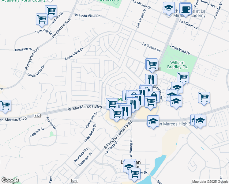 map of restaurants, bars, coffee shops, grocery stores, and more near 650 South Rancho Santa Fe Road in San Marcos